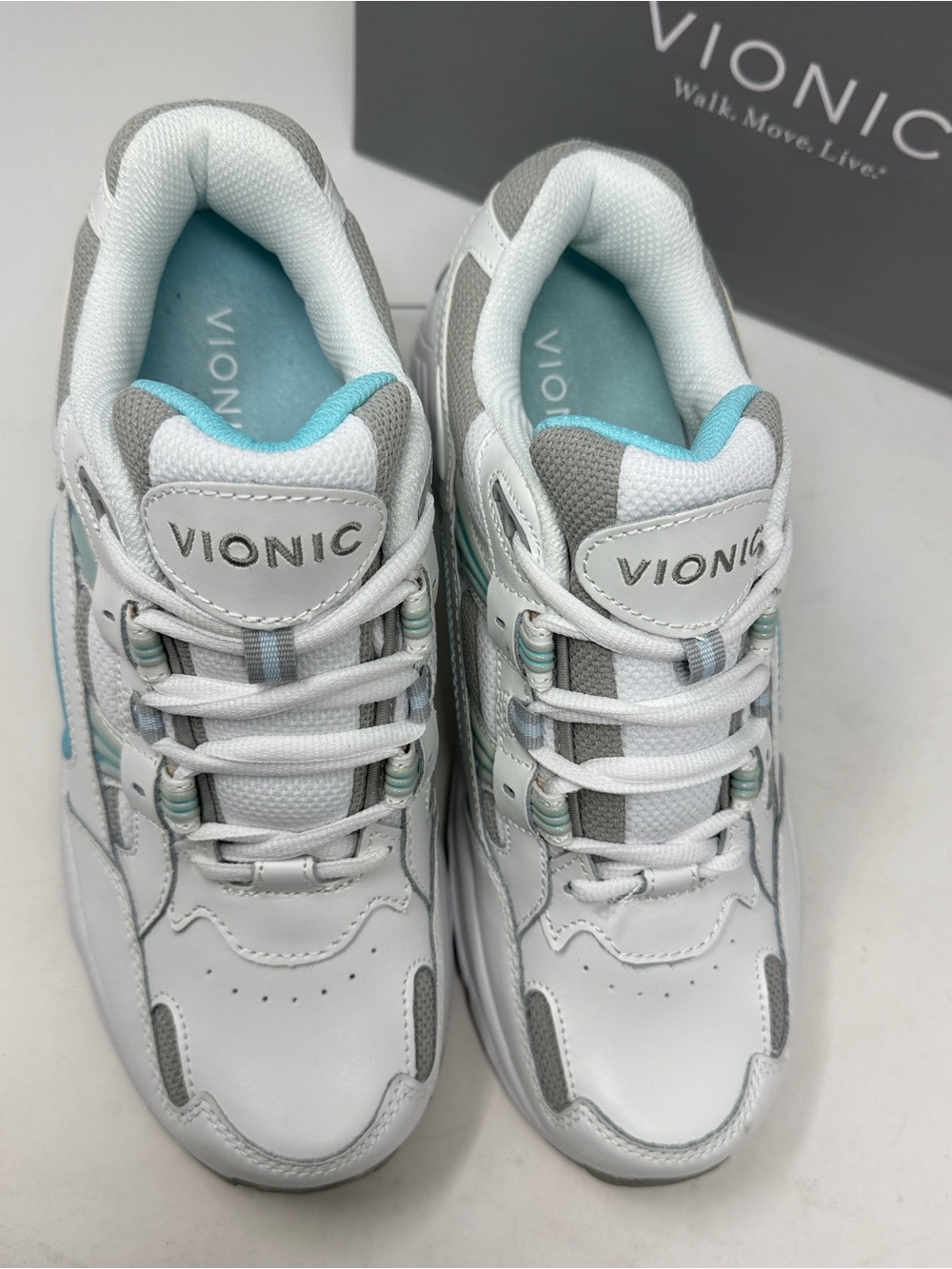 NWT Vionic 23Walk White/Teal/Gray Leather Orthotic Sneakers Size 8 Wide - Picture 9 of 10